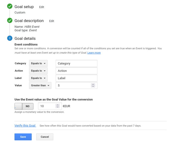 google analytics event goal