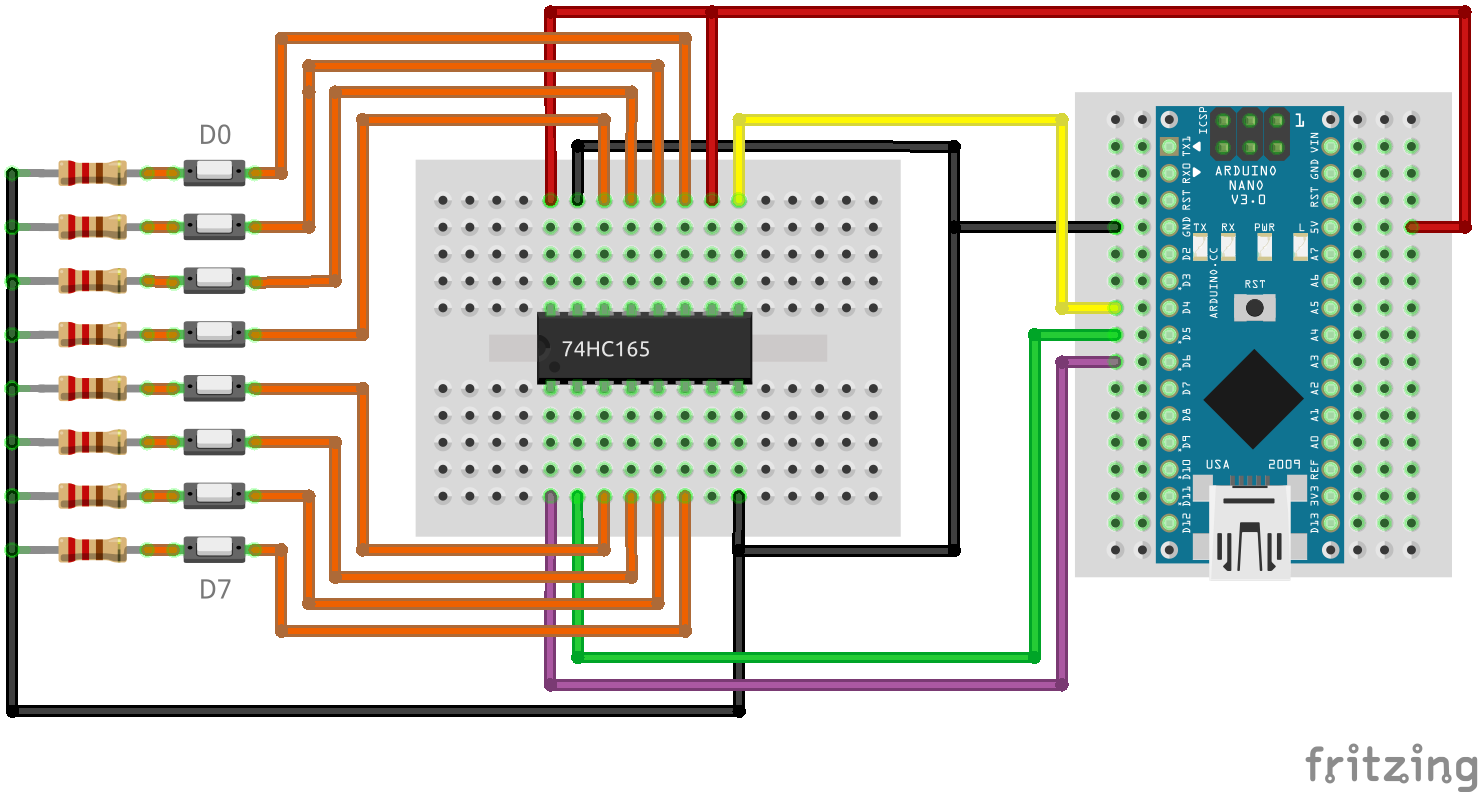 74HC165 Shift Register wiring with 8 buttons using Arduino Nano