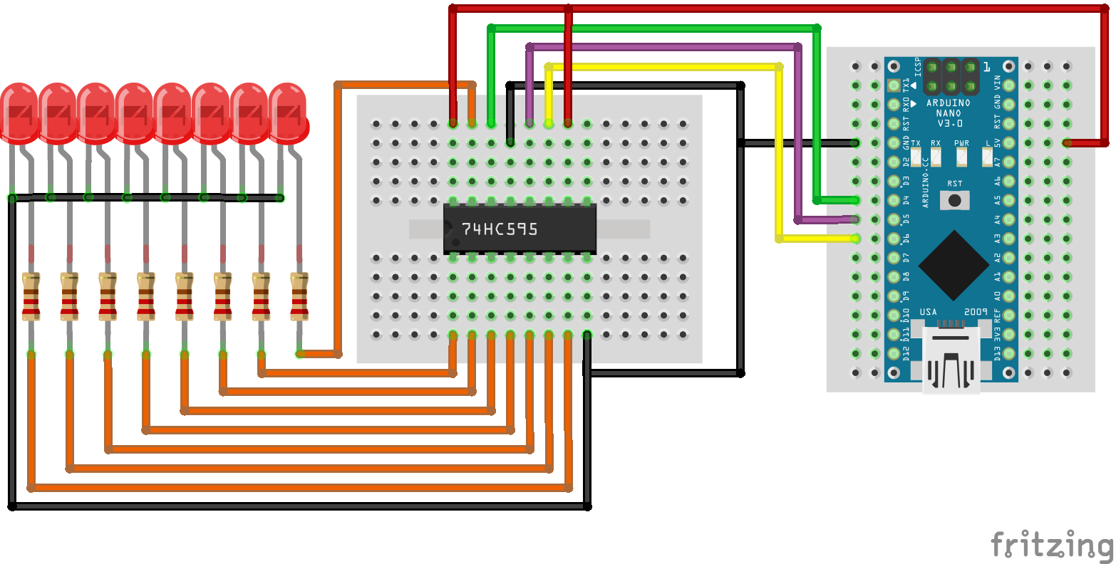 74HC595 Shift Register wiring with 8 LEDs using Arduino Nano